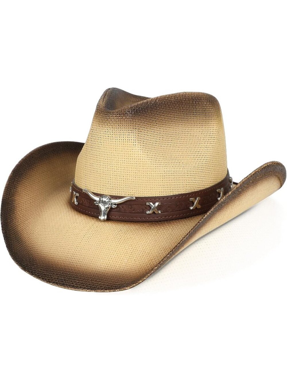 Unisex BeigeCoffee Straw Wide Brim Shapeable Imported Cowgirl Western Cowboy Hat